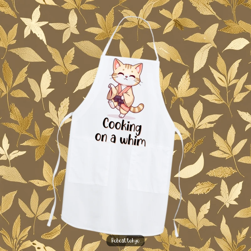 Funny Apron with a bobcat balancing playfully on one leg, its kimono flowing, designed for chefs with a graceful sense of humor.