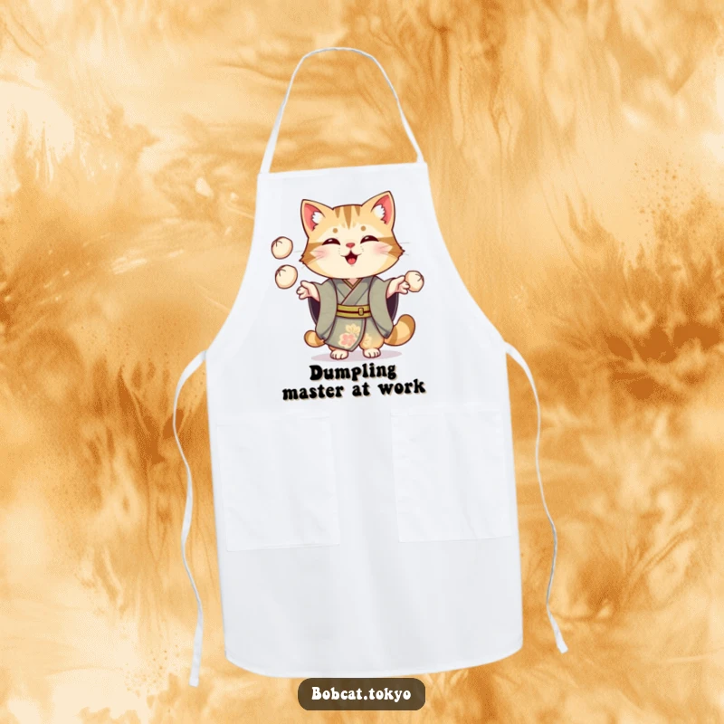 Funny Bobcat Apron: A bobcat in an ornate kimono cheerfully juggling three small dumplings, a fun kitchen accessory.