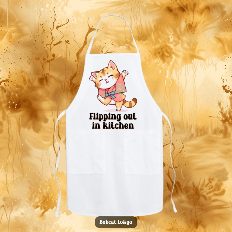 Funny Bobcat Apron: A bobcat in a colorful kimono attempting a clumsy somersault, ready for humorous kitchen tasks.