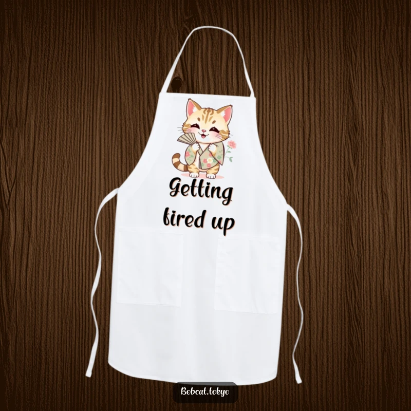 Funny Apron with a bobcat fanning itself with a floral kimono sleeve, designed for chefs with a humorous approach to heat.