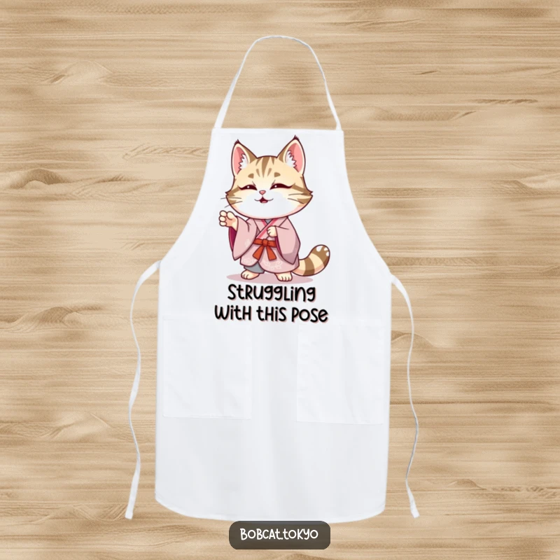 Funny Bobcat Apron: A bobcat in an elegant kimono striking a funny, wobbly pose, ready for humorous kitchen tasks.