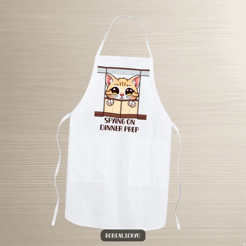 Funny Apron with a bobcat's wide, excited eyes peeking from behind a folding screen, designed for chefs with a playful spirit.