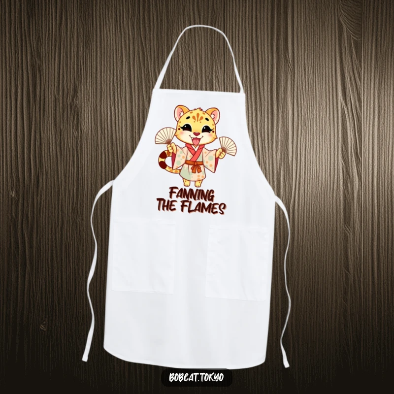 Funny Apron showing an excited cheetah character in a kimono, joyfully waving fans, ideal for adding festive spirit to cooking.