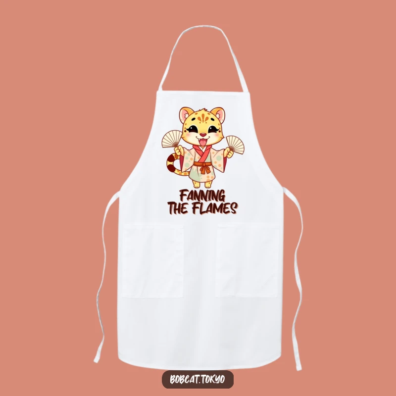 Funny Cheetah Fan Dance Apron: Excited Kimono Character for Festive Cooking