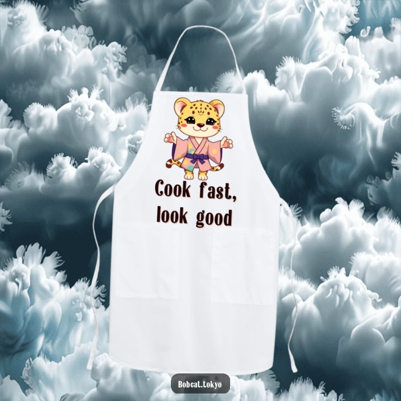 Funny Apron depicting a stylized cheetah in a colorful kimono, striking a playful pose, perfect for adding humor to cooking.