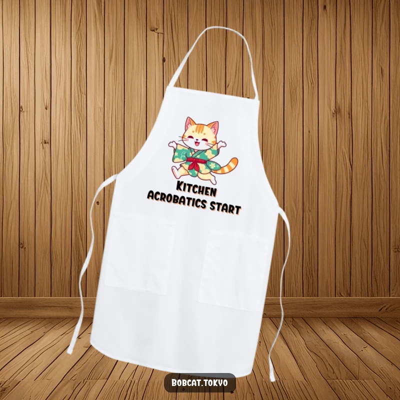 Funny Apron with a bobcat silhouette leaping gracefully in a vibrant kimono, designed for chefs with a sense of humor.