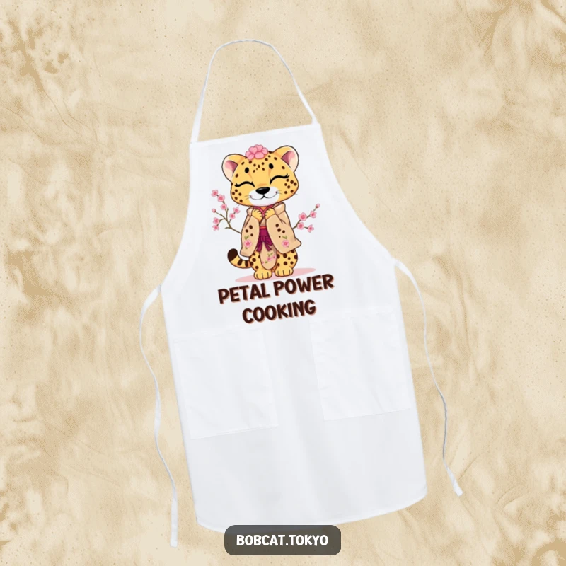 Funny Apron depicting a cheetah in a cherry blossom kimono, performing a playful, courteous bow, perfect for kitchen charm.
