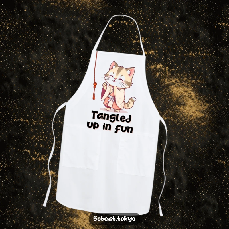 Funny Bobcat Apron: A cute bobcat in a flowing kimono playfully batting at a dangling string, ready for kitchen fun.