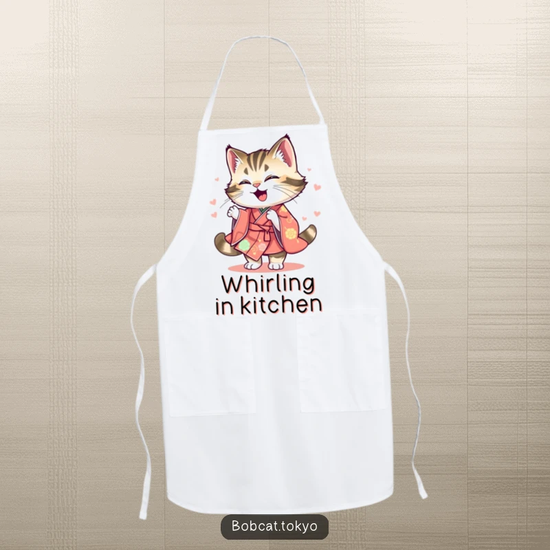 Funny Apron with a bobcat joyfully spinning, its kimono a colorful blur, designed for chefs with a playful sense of humor.