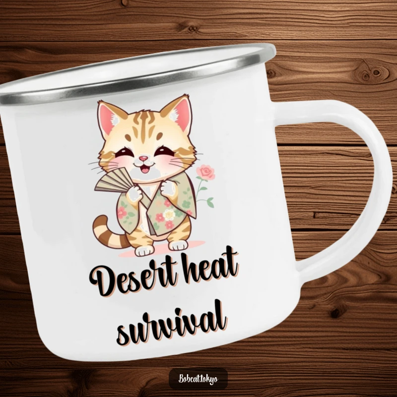 Funny Camping Mug showing a bobcat fanning itself with a floral kimono sleeve, perfect for outdoor enthusiasts and humor lovers.