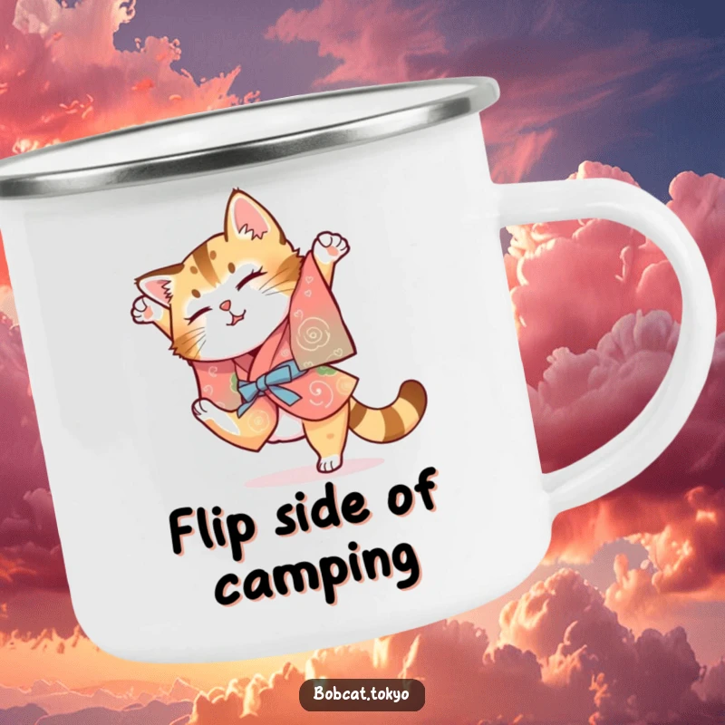 Funny Bobcat Camping Mug: A bobcat in a colorful kimono attempting a clumsy somersault, for a fun outdoor beverage.