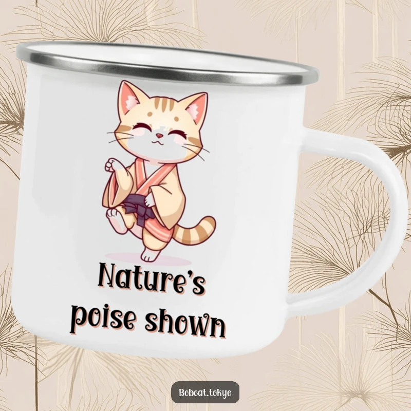 Funny Camping Mug showing a bobcat balancing on one leg with its kimono flowing, perfect for outdoor enthusiasts and humor lovers.