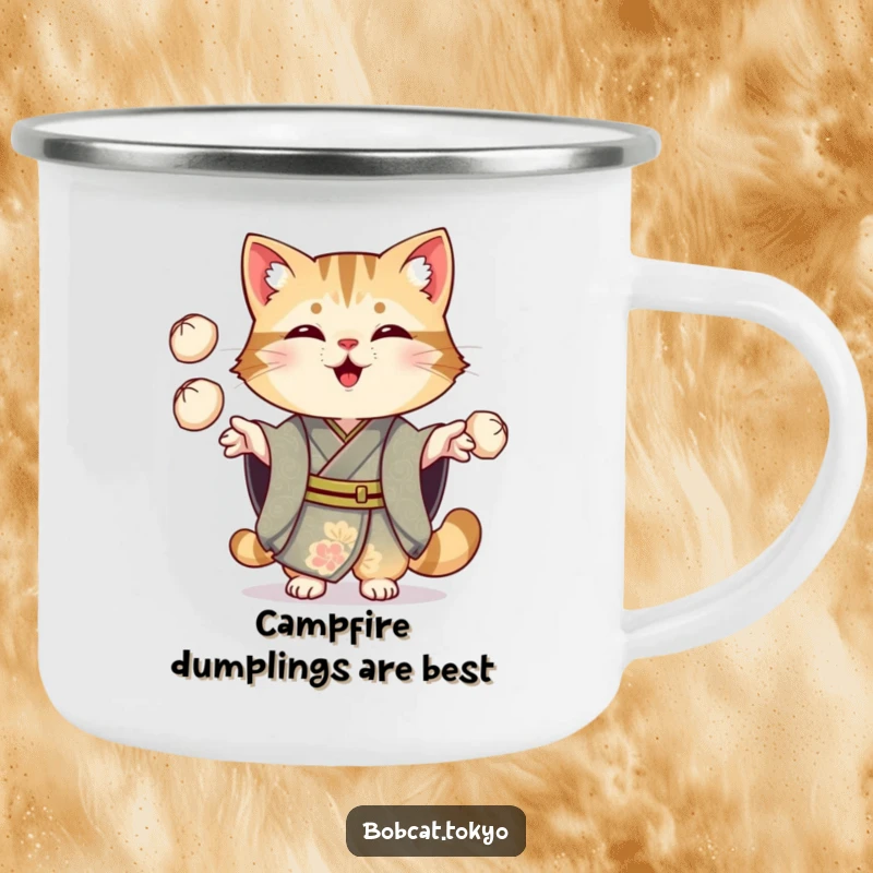 Funny Bobcat Camping Mug: A bobcat in an ornate kimono cheerfully juggling three small dumplings, for a fun outdoor meal.