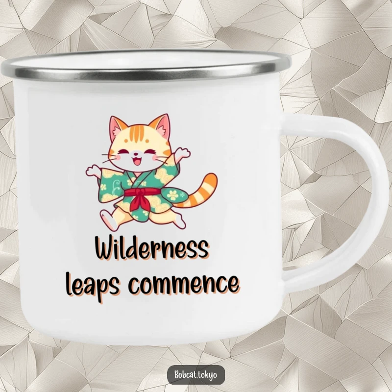 Funny Camping Mug showing a bobcat silhouette leaping in a vibrant kimono, perfect for outdoor enthusiasts and humor lovers.