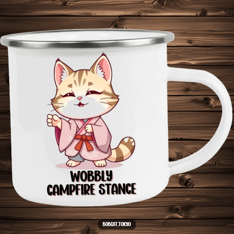 Funny Bobcat Camping Mug: A bobcat in an elegant kimono striking a funny, wobbly pose, for a fun outdoor beverage.