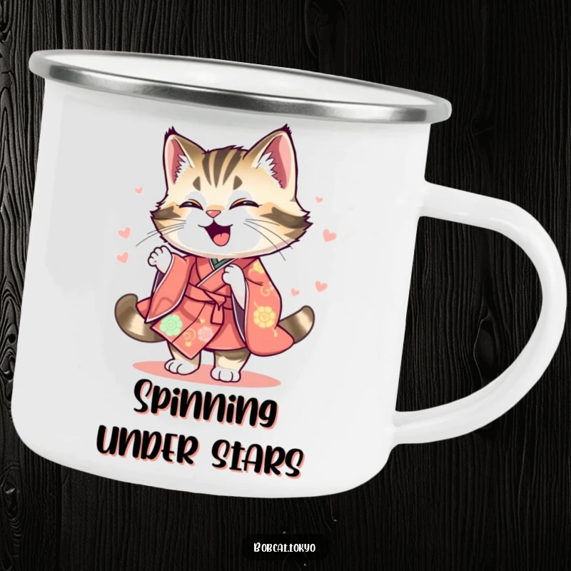 Funny Camping Mug showing a bobcat joyfully spinning, its kimono a colorful blur, perfect for outdoor enthusiasts and humor lovers.