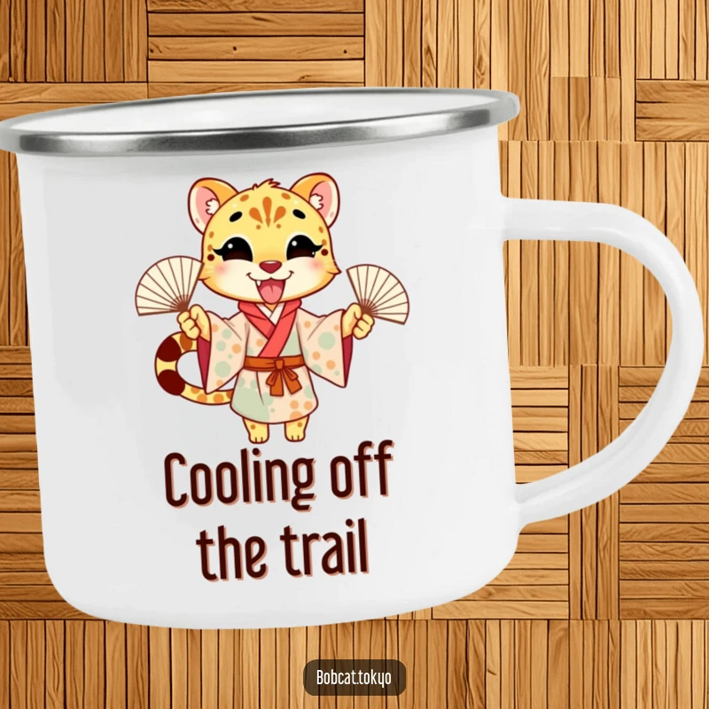 Funny Camping Mug depicting an excited cheetah character in a kimono, joyfully waving fans, perfect for outdoor enthusiasts.