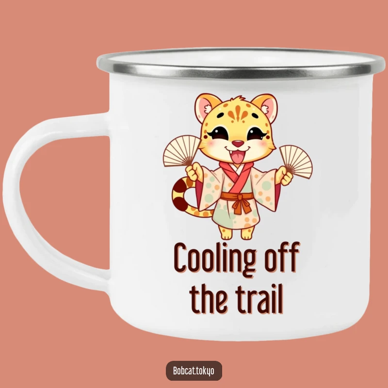Funny Cheetah Fan Dance Camping Mug: Excited Kimono Character for Trailside Fun