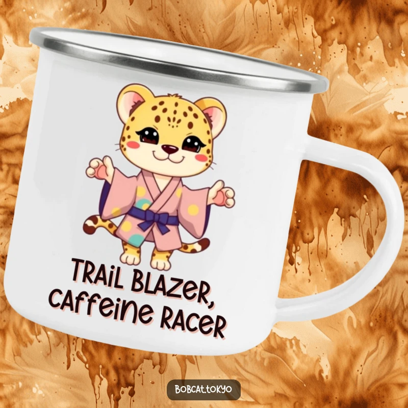 Funny Camping Mug featuring a stylized cheetah in a colorful kimono, striking a playful pose, ideal for outdoor enthusiasts.