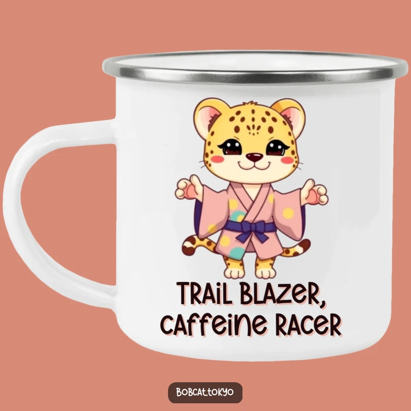 Funny Cheetah Kimono Camping Mug: Playful Pose Adventure Vessel for Trailside Humor