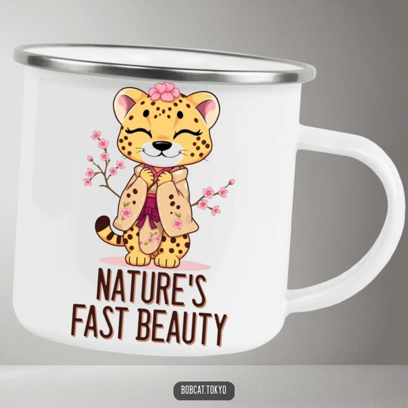 Funny Camping Mug depicting a cheetah in a cherry blossom kimono, performing a playful, courteous bow, perfect for nature trips.