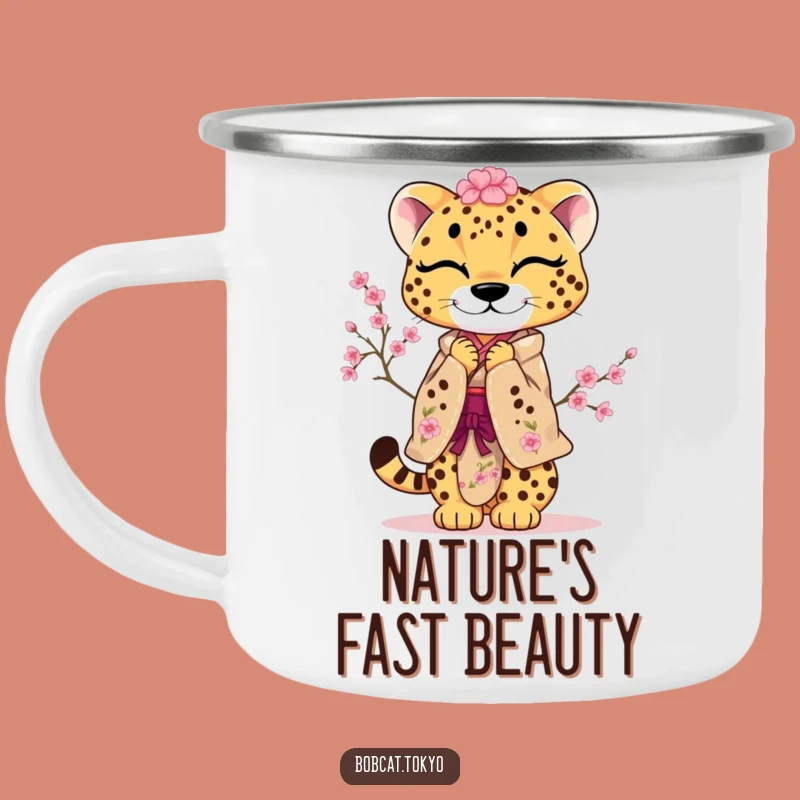 Funny Cherry Blossom Cheetah Camping Mug: Playful Bow Outdoor Vessel