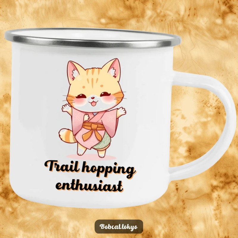 Funny Bobcat Camping Mug: A bobcat garbed in a traditional kimono doing a silly hop, for a fun outdoor beverage.