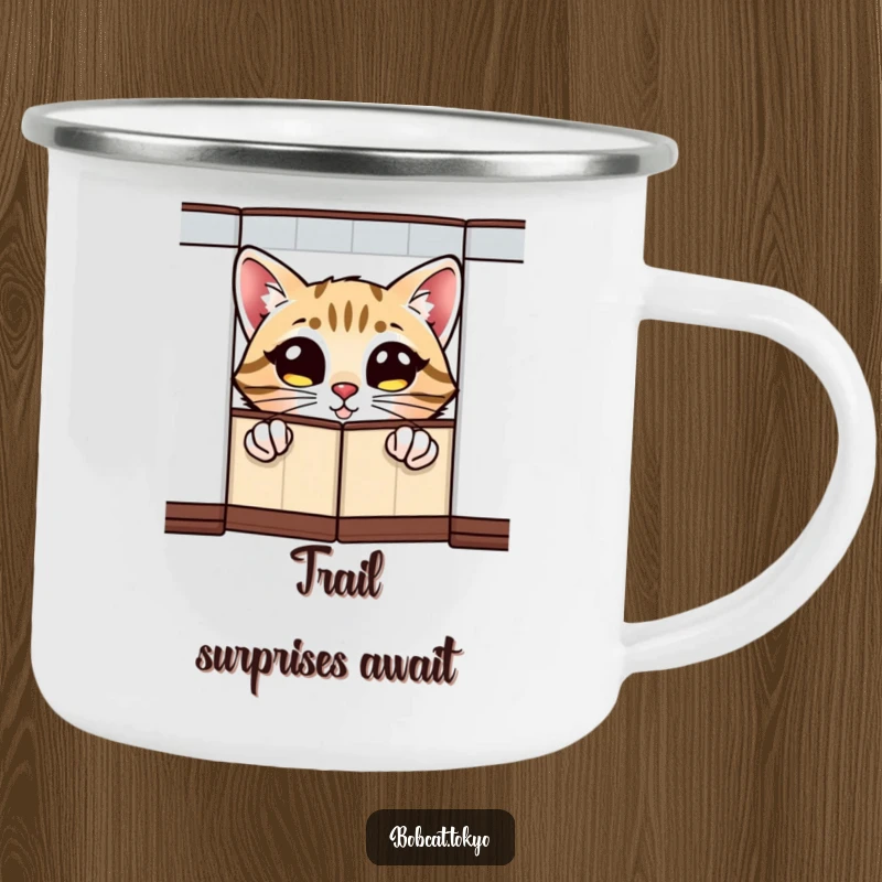 Funny Camping Mug showing a bobcat with wide, excited eyes peeking from behind a folding screen, perfect for outdoor enthusiasts.