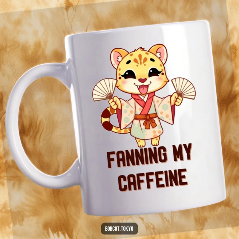Funny Mug showing an excited cheetah character in a kimono, energetically waving colorful fans with a gleeful expression.
