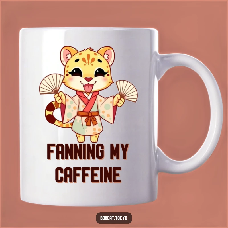 Funny Cheetah Fan Dance Mug: Excited Kimono Character for Joyful Sips