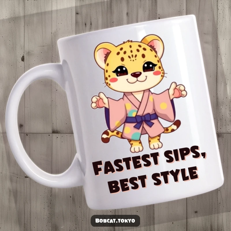Funny Mug featuring a stylized cheetah in a colorful kimono striking a playful, sassy pose, radiating joy and humor.