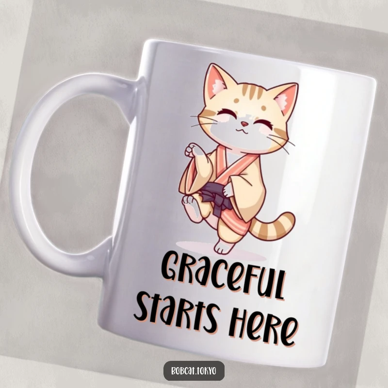 Funny Mug featuring a bobcat playfully balancing on one leg, its colorful kimono flowing dynamically behind it.