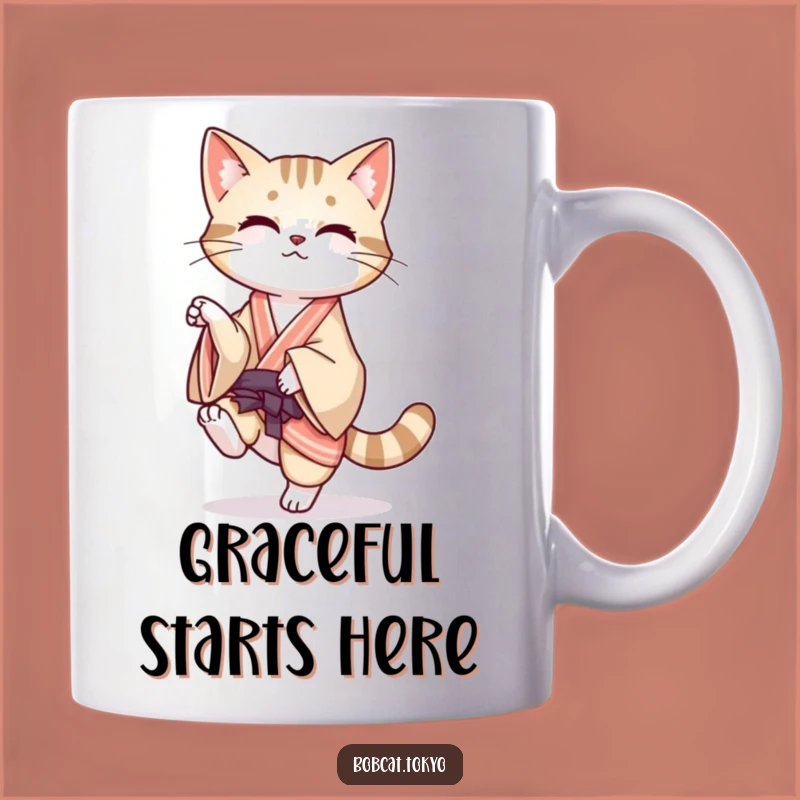 Funny Bobcat Balance Mug: Playful Feline Pose, Flowing Kimono Style, Perfect Funny Gift