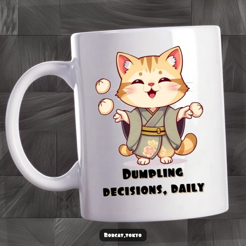 Funny Bobcat Mug: A bobcat in an ornate kimono cheerfully juggling three small dumplings, showcasing culinary and comedic talent.