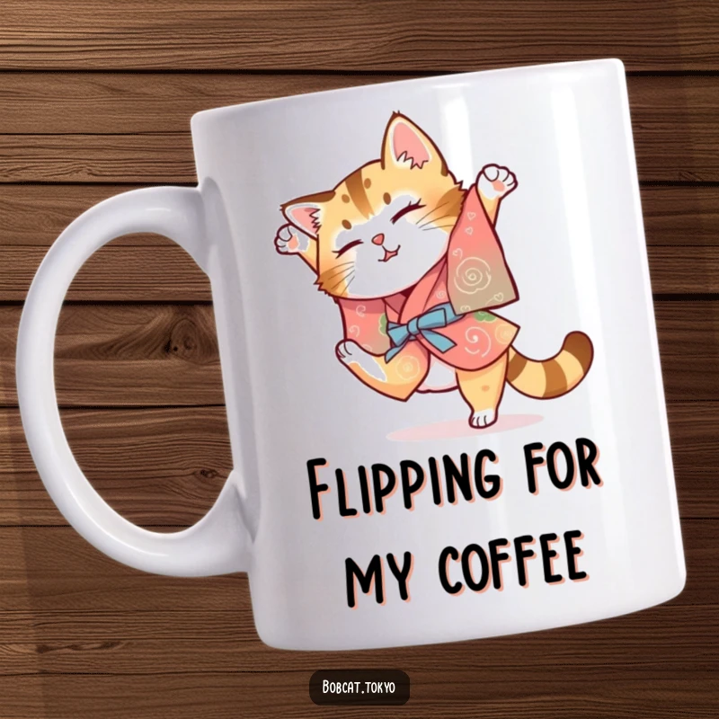 Funny Bobcat Mug: A bobcat in a colorful kimono attempting a clumsy somersault, showcasing adorable feline acrobatics gone wrong.