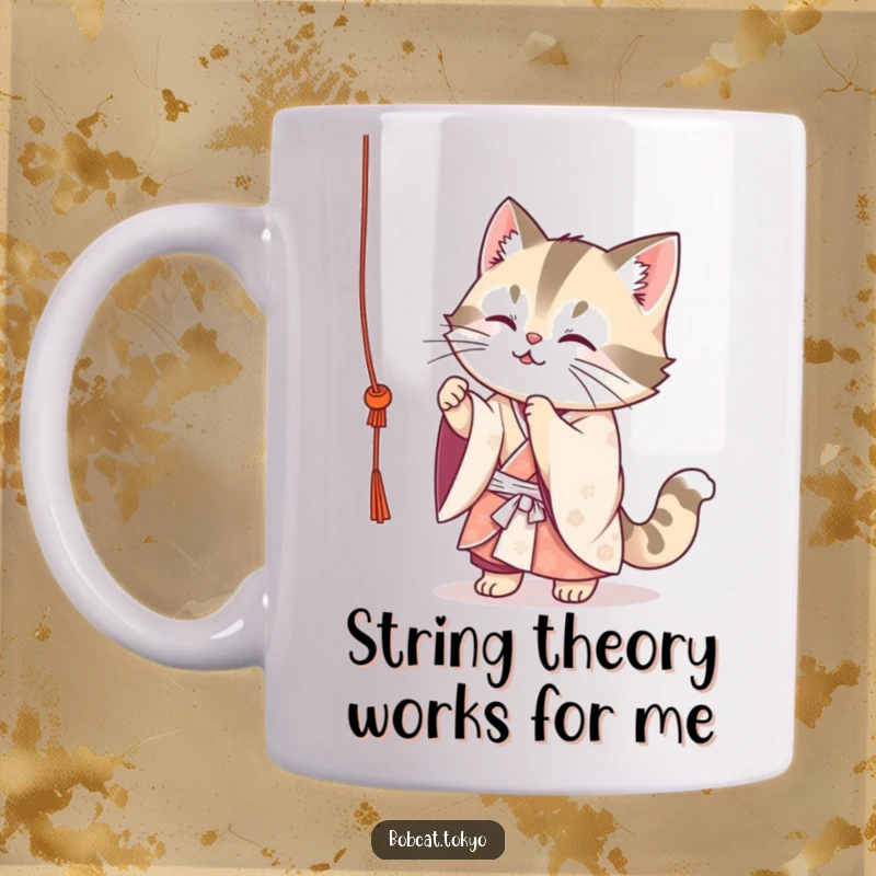 Funny Bobcat Mug: A cute bobcat in a flowing kimono playfully batting at a string, showcasing mischievous feline fun.