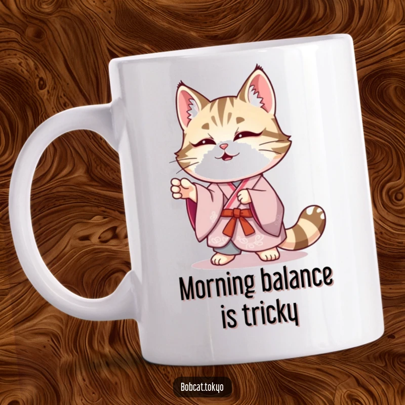 Funny Bobcat Mug: A bobcat in an elegant kimono striking a funny, wobbly pose, showcasing delightful clumsiness and charm.