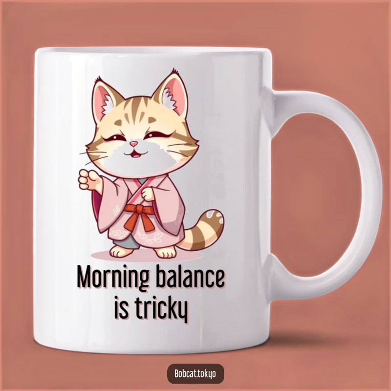 Funny Bobcat Kimono Mug: Elegant Wobbly Pose for Cat Lovers