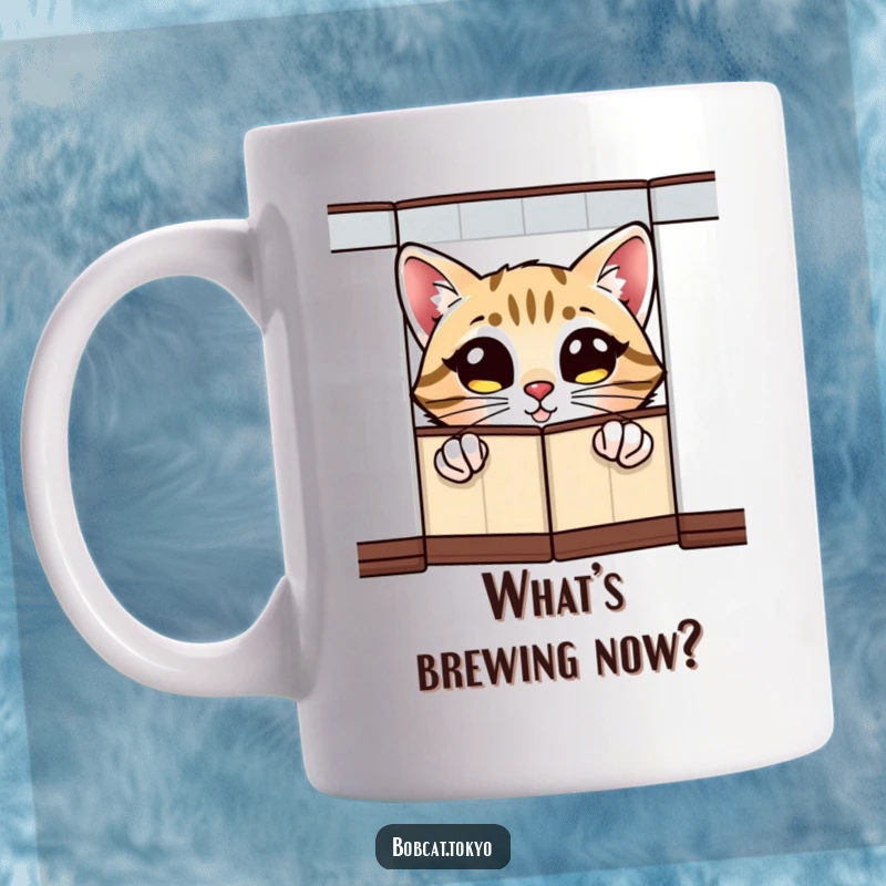 Funny Mug featuring a bobcat with wide, excited eyes peeking curiously from behind a traditional folding screen.