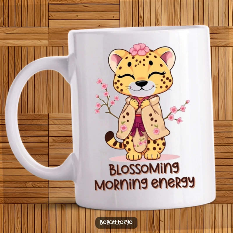 Funny Mug featuring a cheetah in a kimono adorned with cherry blossoms, performing a playful, courteous bow.