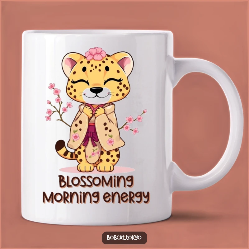 Funny Cherry Blossom Cheetah Mug: Playful Bowing Kimono Gift