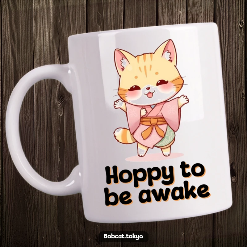 Funny Bobcat Mug: A bobcat garbed in a traditional kimono doing a silly hop, radiating pure, unadulterated feline joy.