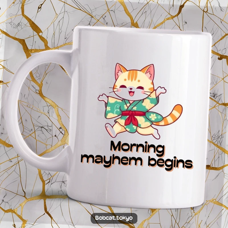Funny Mug featuring a bobcat silhouette gracefully leaping, wearing a vibrant kimono, embodying wild elegance and playful spirit.