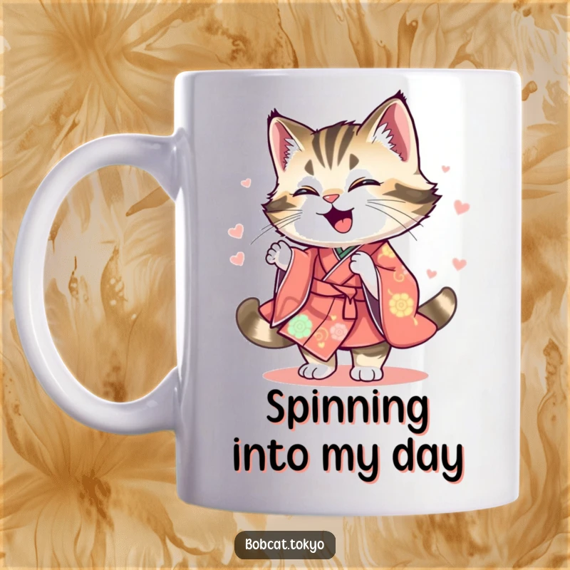 Funny Mug featuring a bobcat joyfully spinning, its kimono creating a dynamic, colorful blur around it.