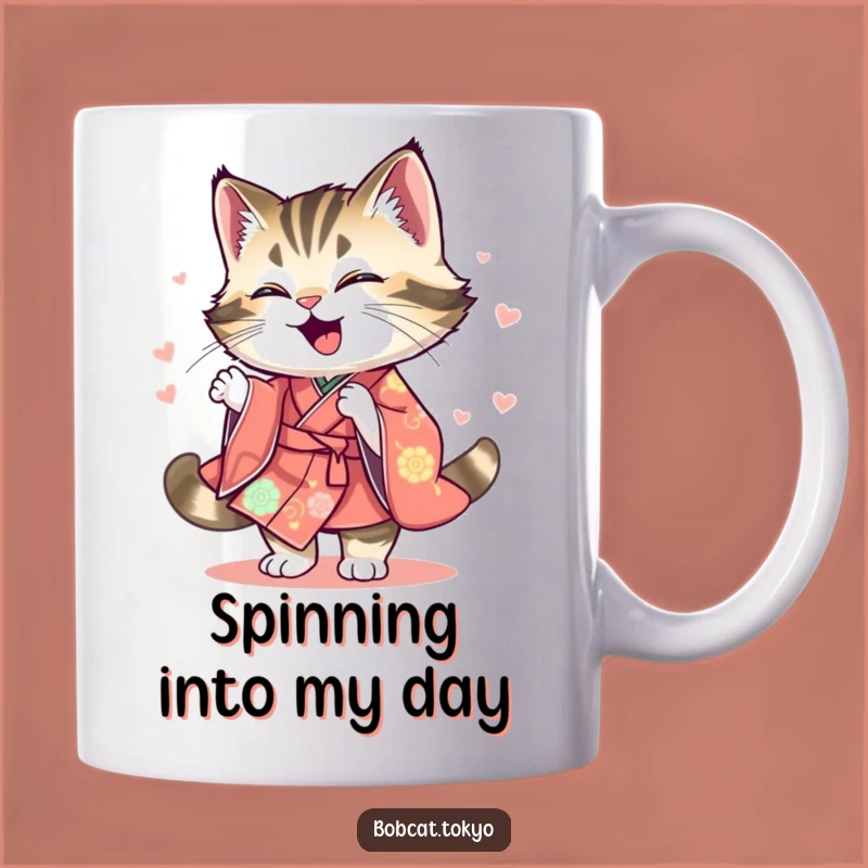 Funny Bobcat Spinning Mug: Joyful Feline Dance, Colorful Blur Style, Perfect Funny Gift