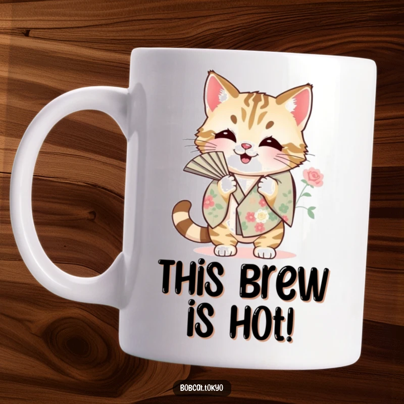 Funny Mug featuring a bobcat enthusiastically fanning itself using a colorful floral kimono sleeve, looking hot and bothered.