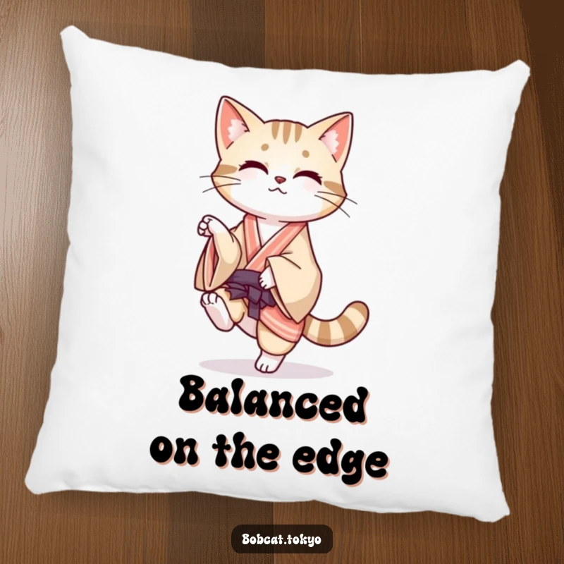 Funny Pillow with a bobcat balancing on one leg, its kimono flowing, offering comfort and humorous grace.