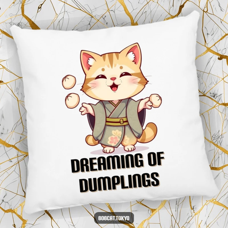 Funny Bobcat Pillow: A bobcat in an ornate kimono cheerfully juggling three small dumplings, offering soft and humorous decor.