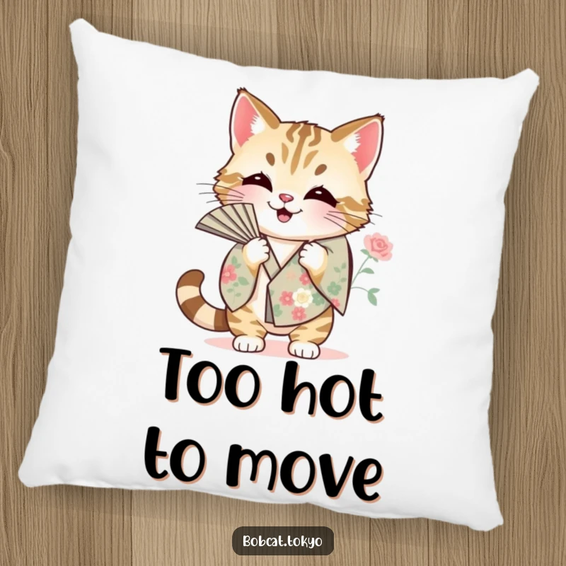 Funny Pillow with a bobcat fanning itself using a floral kimono sleeve, offering comfort and humorous heat-related relief.
