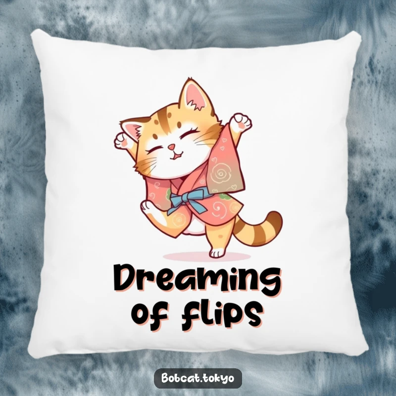 Funny Bobcat Pillow: A bobcat in a colorful kimono attempting a clumsy somersault, offering soft and humorous decor.